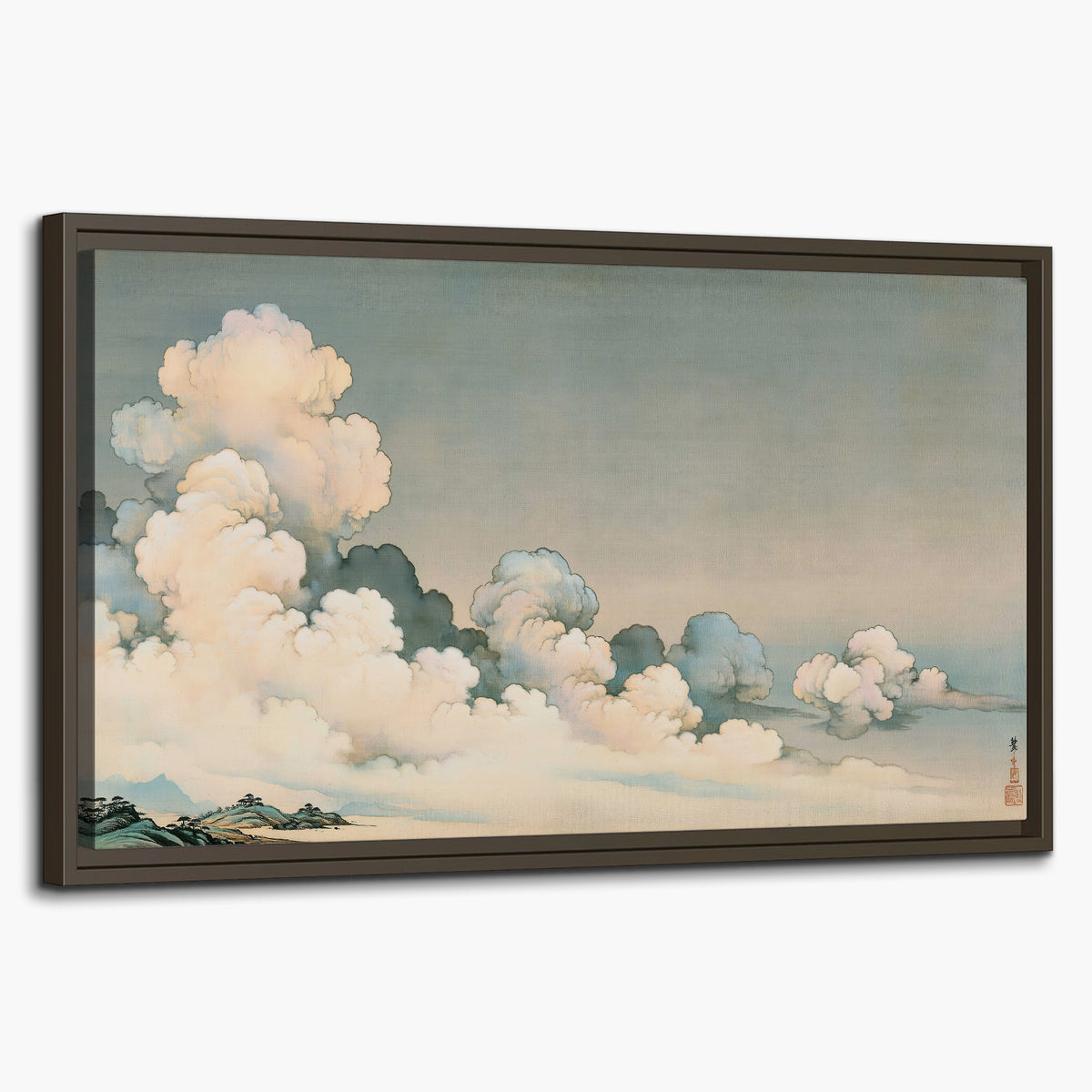 Soft cream clouds gathered low in a muted blue-green sky single framed canvas wall art on a white background
