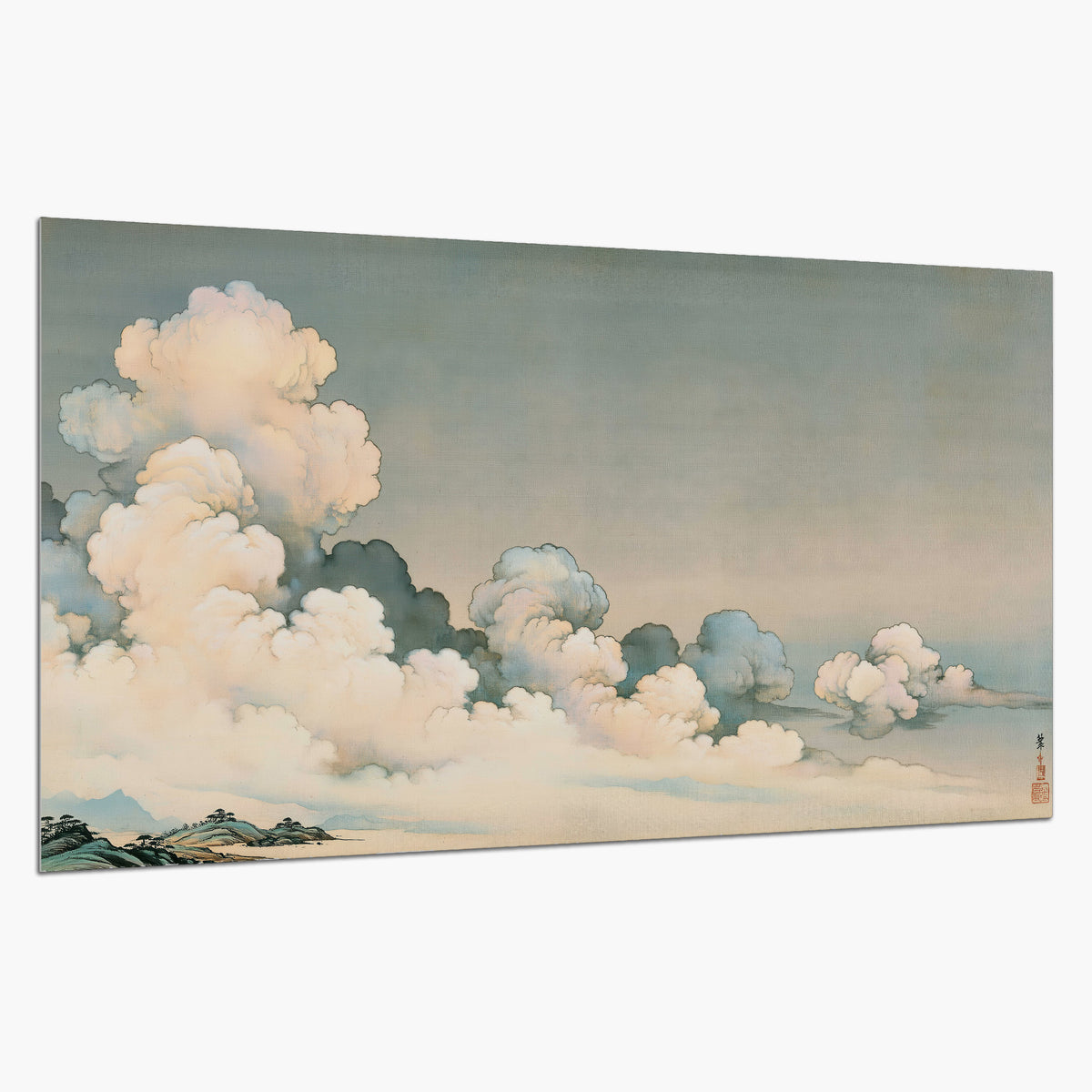 Soft cream clouds gathered low in a muted blue-green sky single poster print on a white background