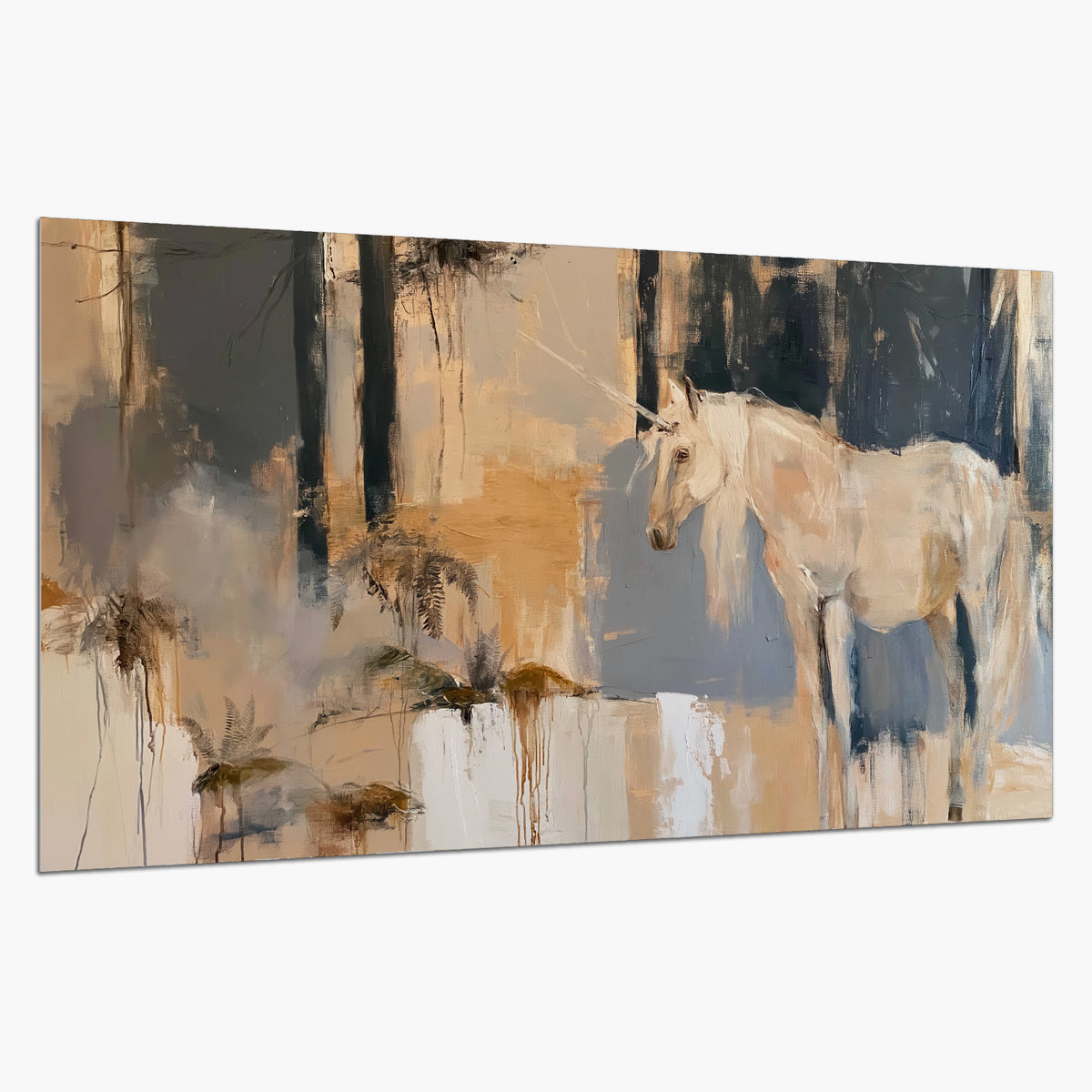 A pale unicorn emerging from loose vertical strokes of blue, ochre and cream single poster print on a white background