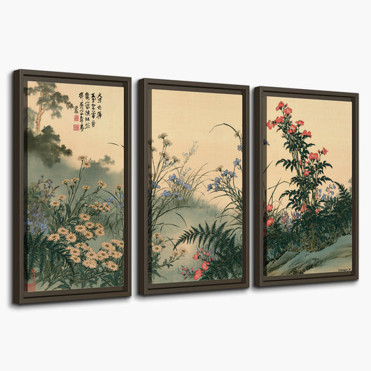 Delicate wildflowers and ferns arranged on a warm neutral ground with decorative script 3 piece framed canvas wall art on a white background