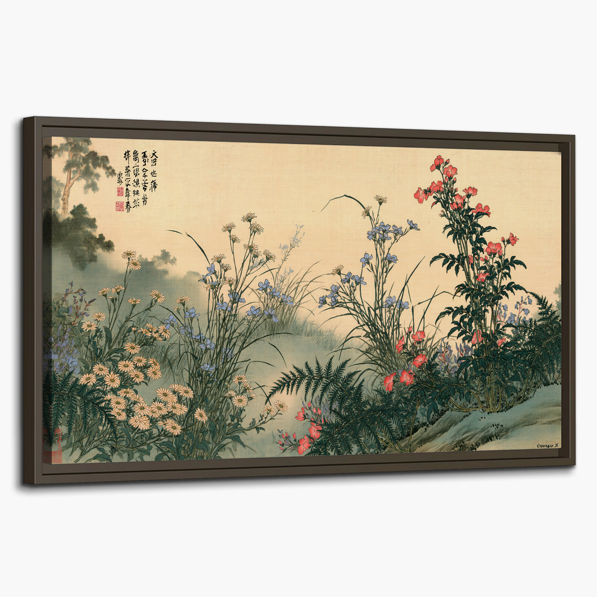 Delicate wildflowers and ferns arranged on a warm neutral ground with decorative script single framed canvas wall art on a white background