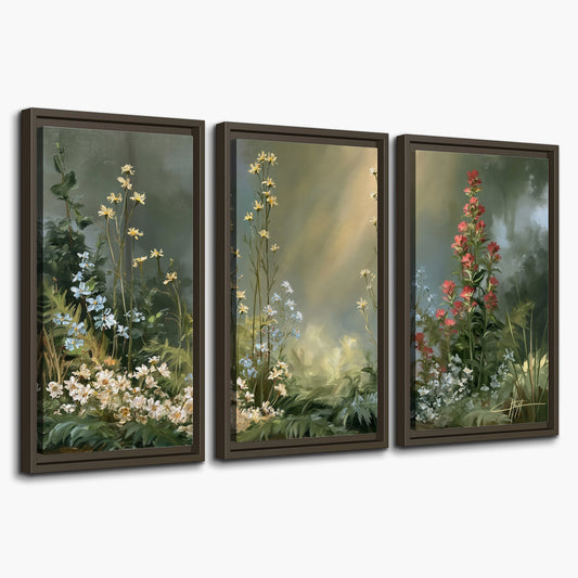 White and red woodland flowers rising in a softly lit green forest clearing 3 piece framed canvas wall art on a white background