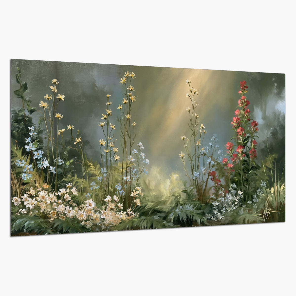 White and red woodland flowers rising in a softly lit green forest clearing single poster print on a white background