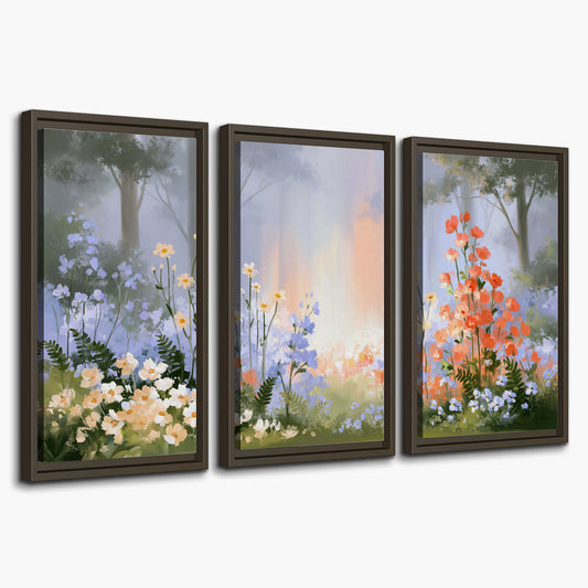 Colorful white, blue and orange flowers beneath a warm shaft of woodland light 3 piece framed canvas wall art on a white background