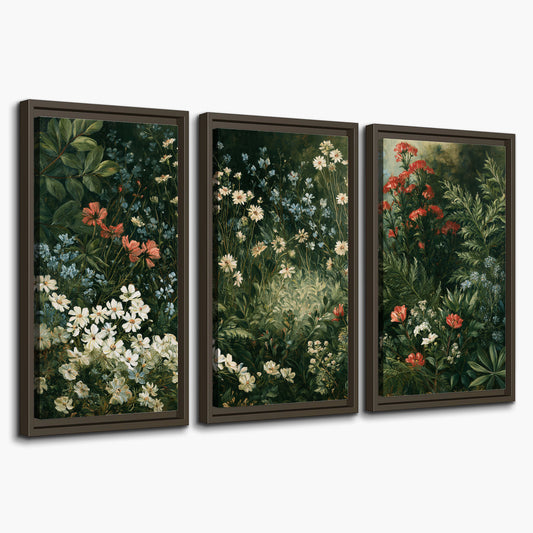 Small white flowers and red blossoms among deep green woodland leaves 3 piece framed canvas wall art on a white background