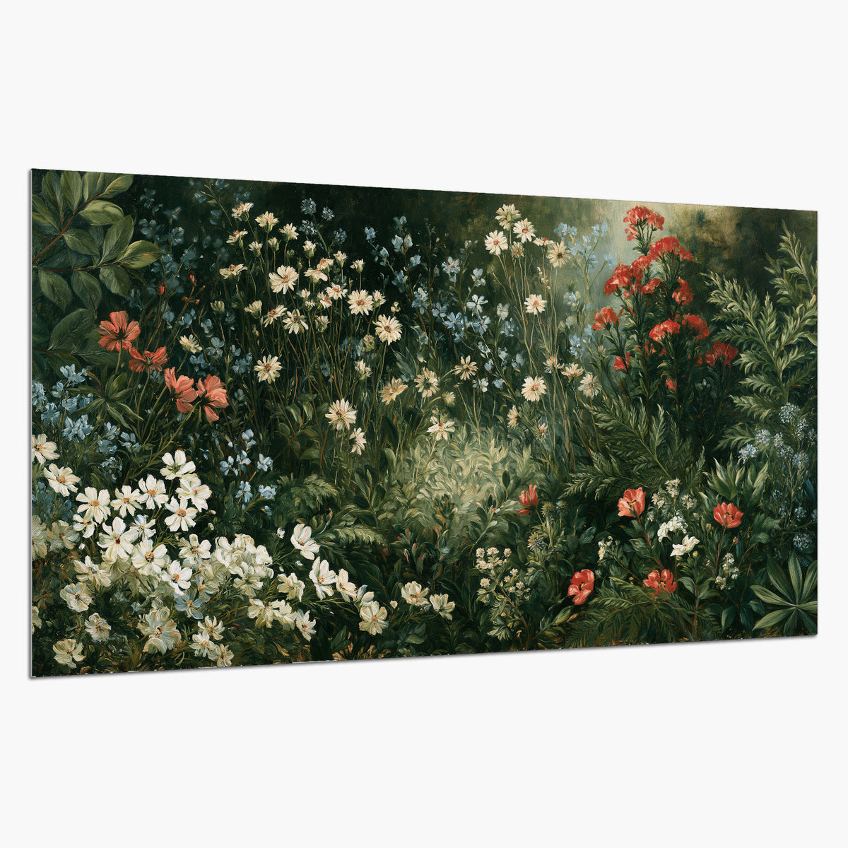 Small white flowers and red blossoms among deep green woodland leaves single poster print on a white background