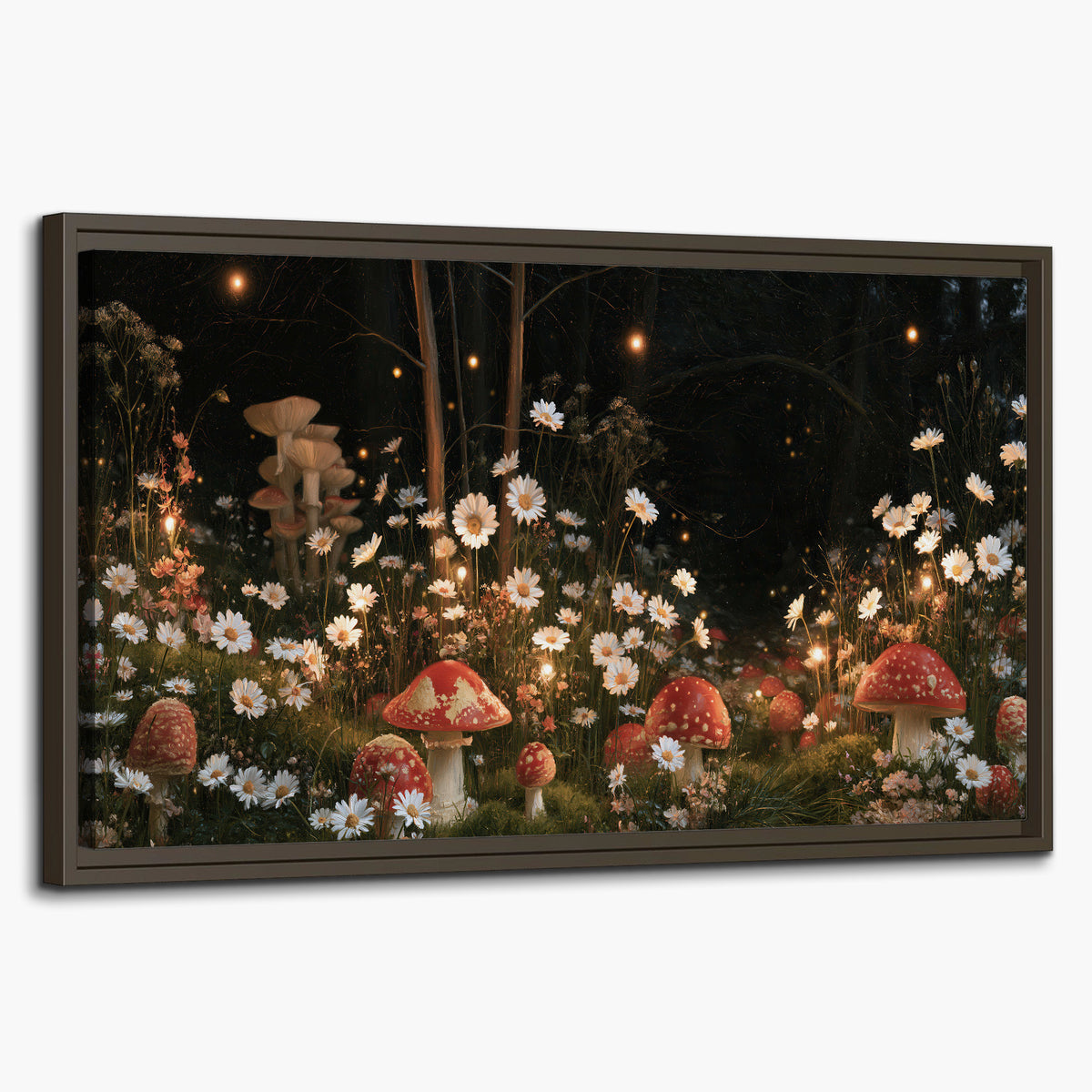 Red mushrooms and delicate white flowers glowing in a painted nighttime woodland scene single framed canvas wall art on a white background