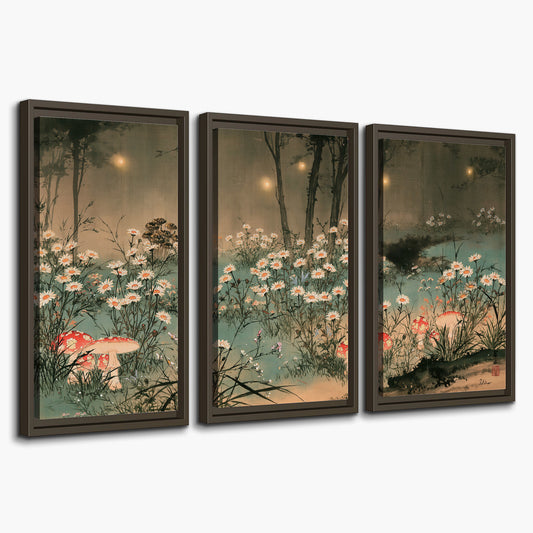 A wide meadow of white daisies and small red mushrooms beneath dark woodland trees 3 piece framed canvas wall art on a white background