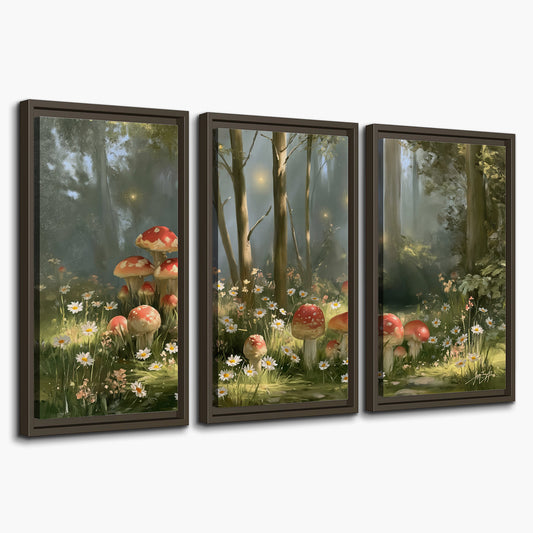 Red-capped mushrooms and white flowers beside tall trees in a sunlit forest 3 piece framed canvas wall art on a white background