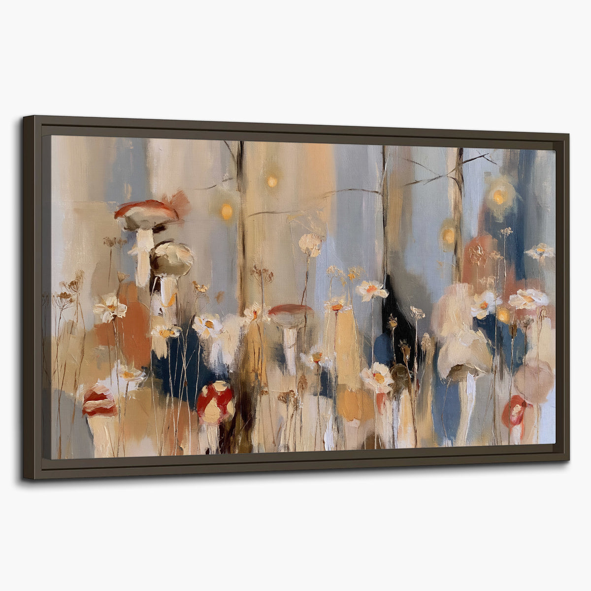 Loose mushroom and flower forms among vertical blue, ochre and cream strokes single framed canvas wall art on a white background
