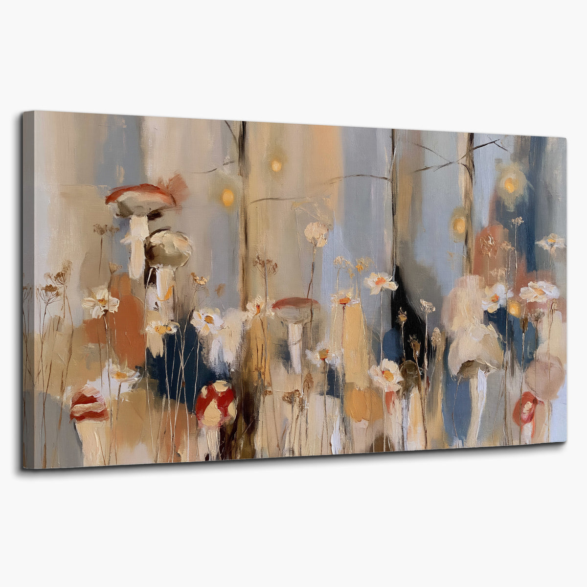Loose mushroom and flower forms among vertical blue, ochre and cream strokes single canvas wall art on a white background