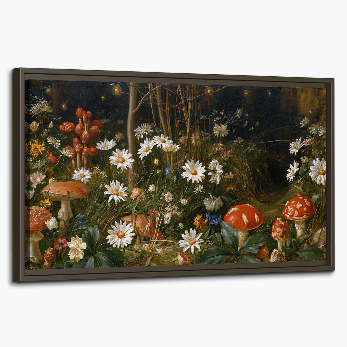 White daisies and warm red mushrooms scattered across a dark woodland garden single framed canvas wall art on a white background