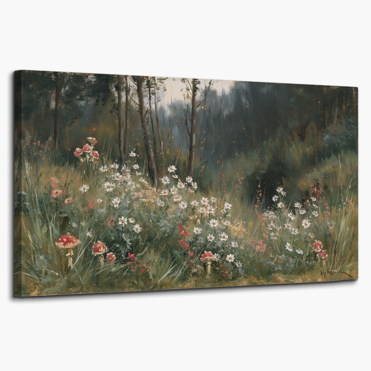 A soft woodland meadow filled with pale flowers and scattered warm red accents single canvas wall art on a white background