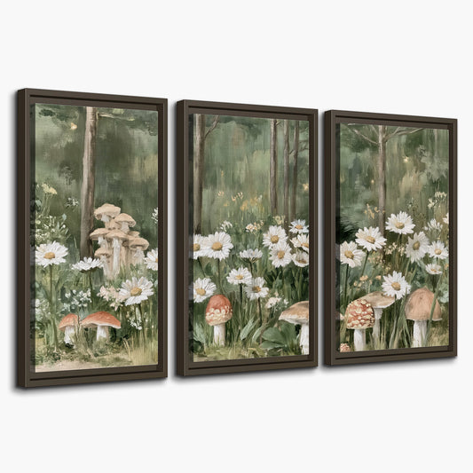 Pale pink mushrooms nestled among white daisies and tall green woodland grasses 3 piece framed canvas wall art on a white background