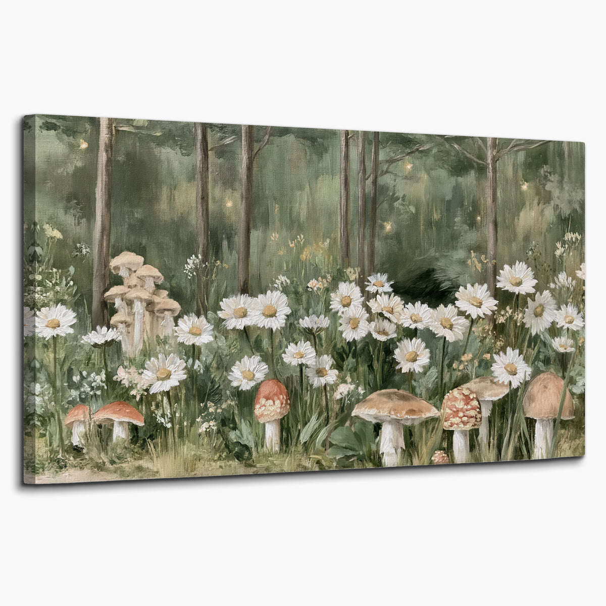 Pale pink mushrooms nestled among white daisies and tall green woodland grasses single canvas wall art on a white background