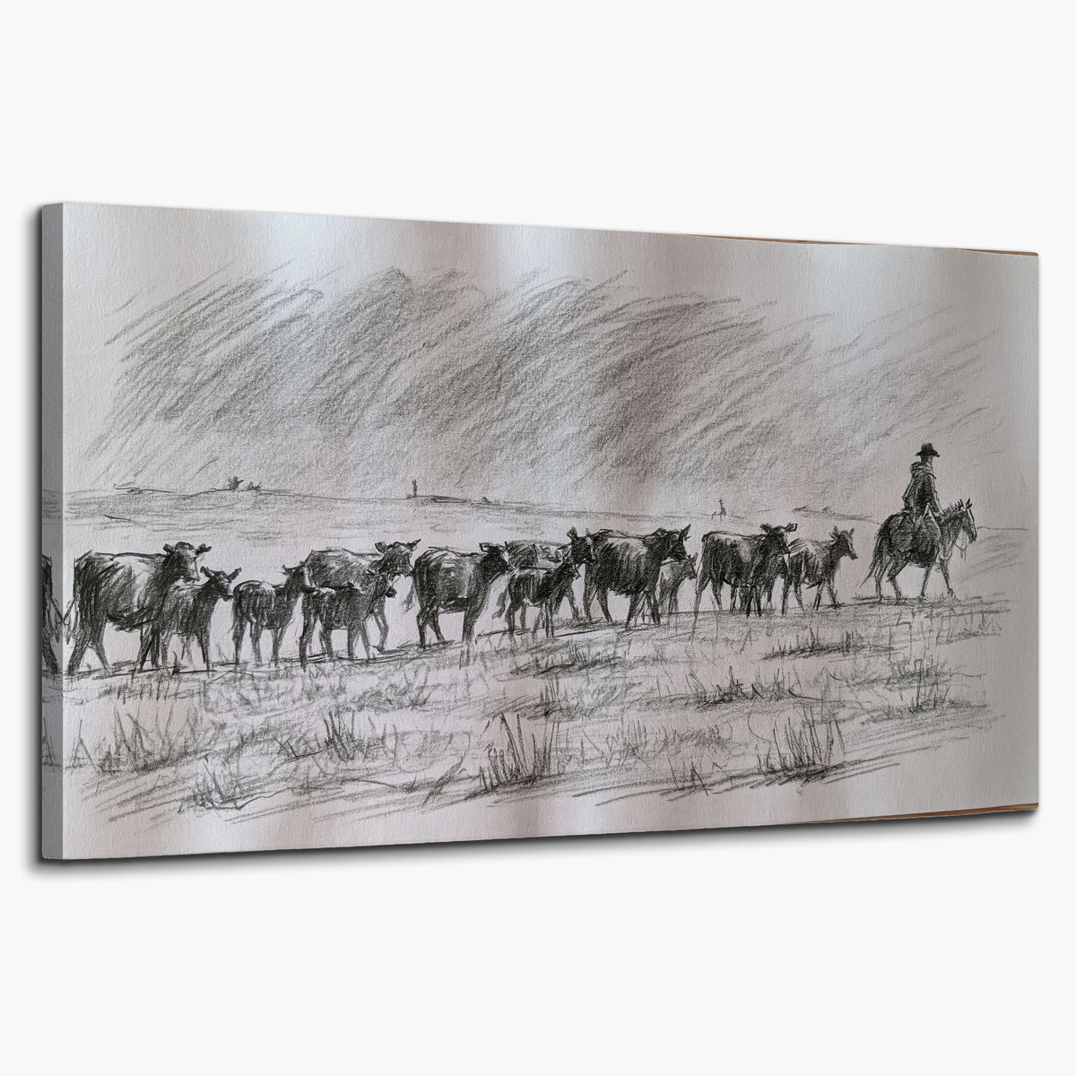 A rider on horseback guiding a herd of cattle across an open plain in charcoal-style strokes single canvas wall art on a white background