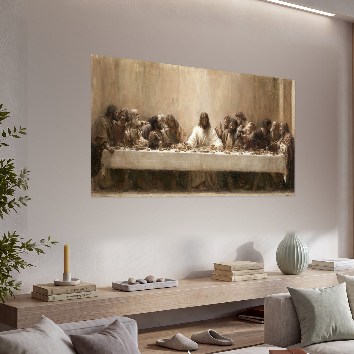Sepia Last Supper oil painting poster print in a living room above a console