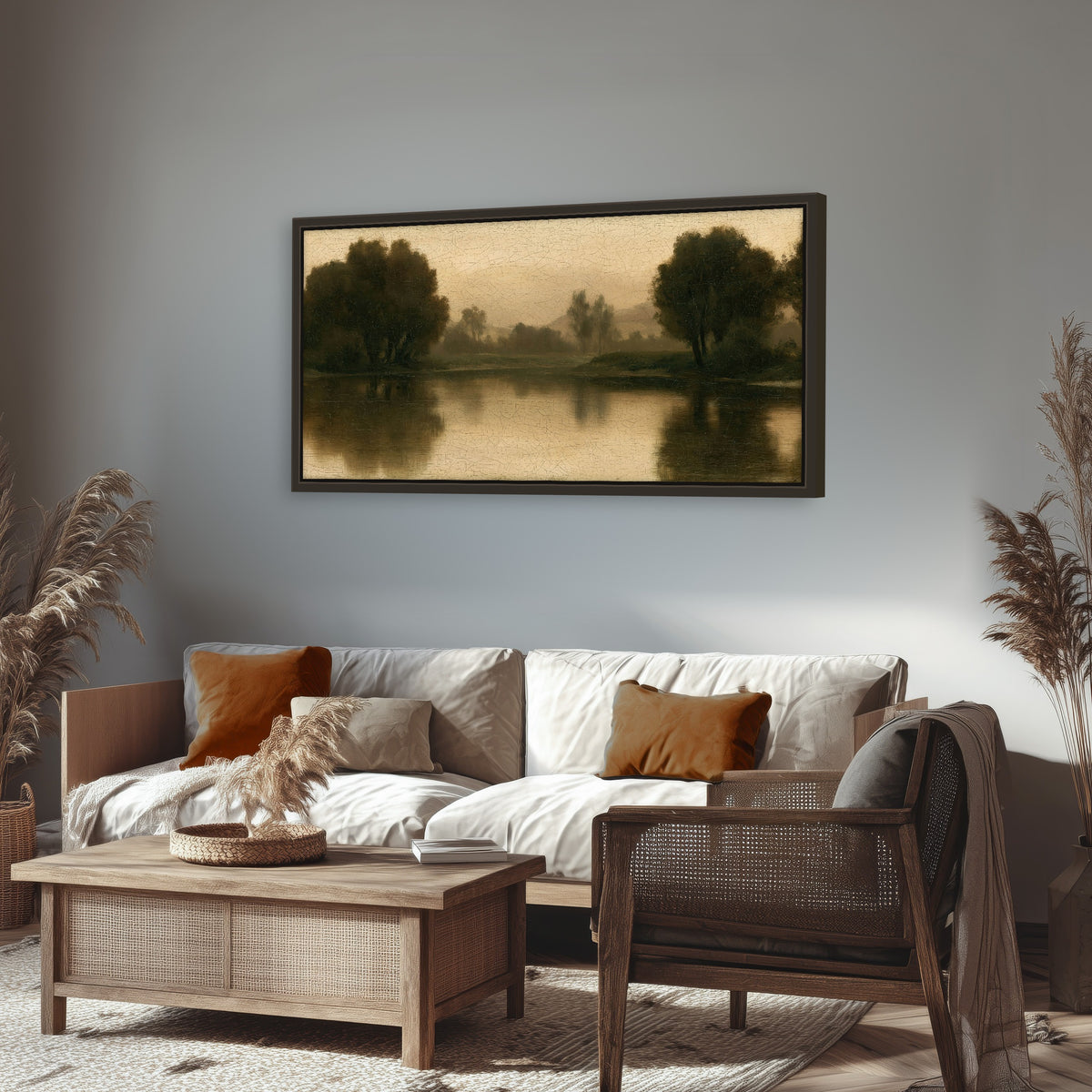 Antique sepia river painting framed canvas wall art in a rustic living room