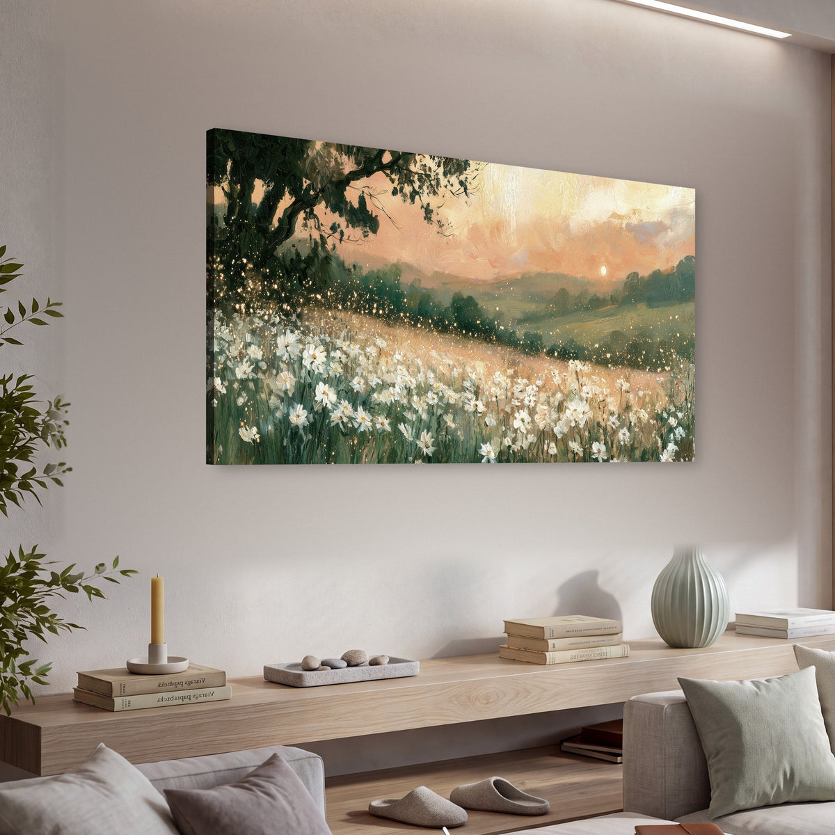 White daisy meadow sunset painting canvas wall art in a living room above a console