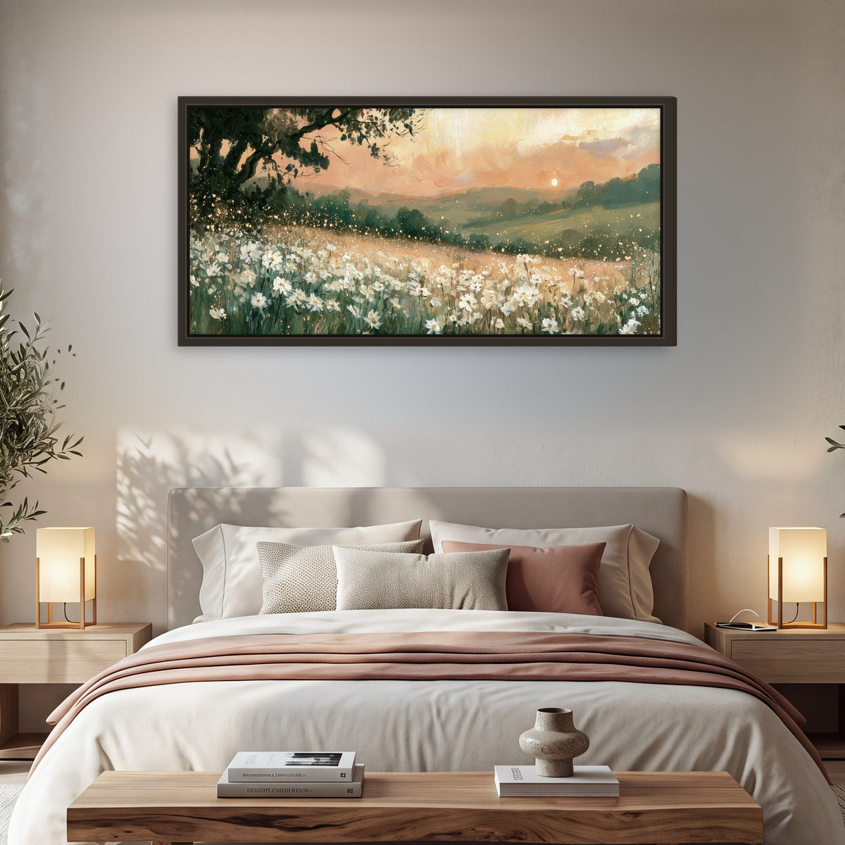 White daisy meadow sunset painting framed canvas wall art in a bedroom above the bed