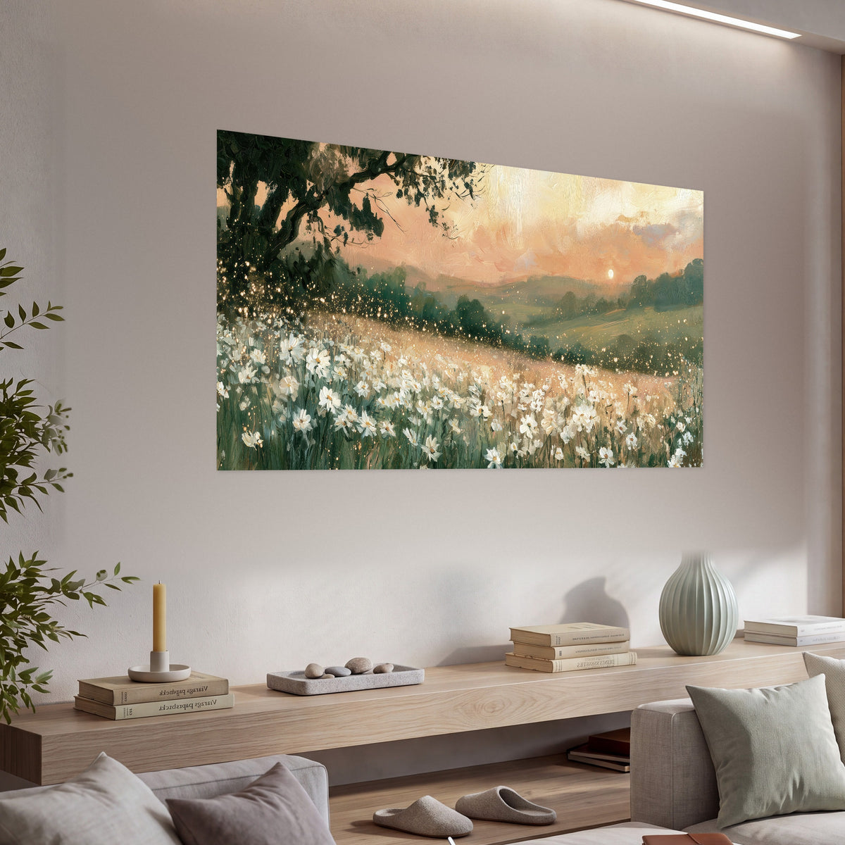 White daisy meadow sunset painting poster print in a living room above a console