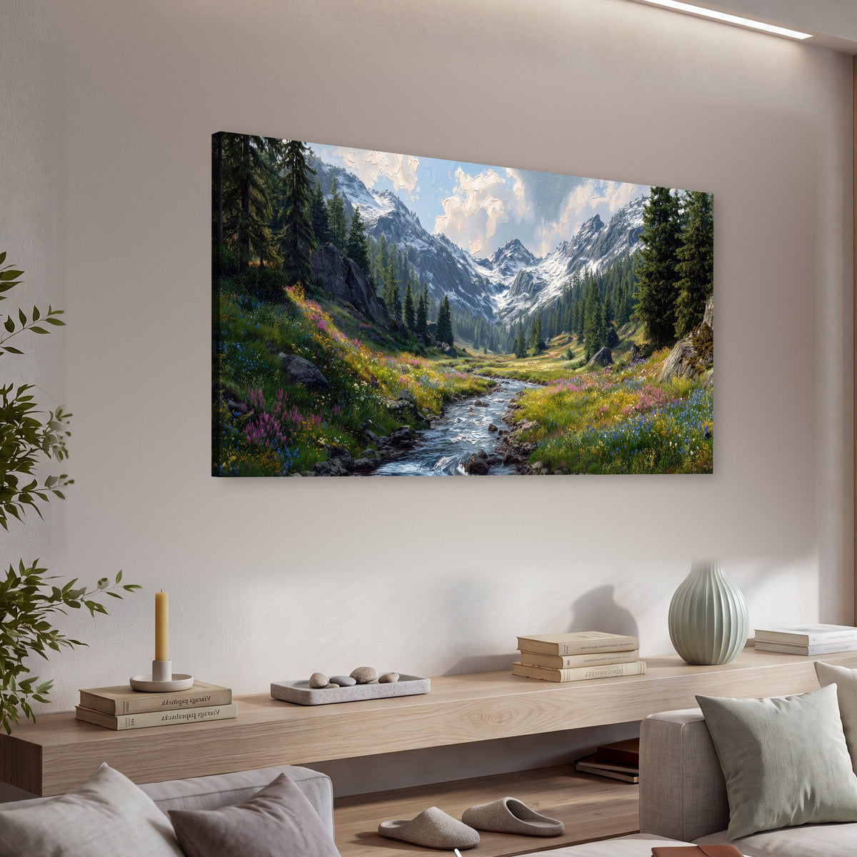 Alpine Wildflower Valley canvas wall art, single panoramic piece hanging in a living room with a long console