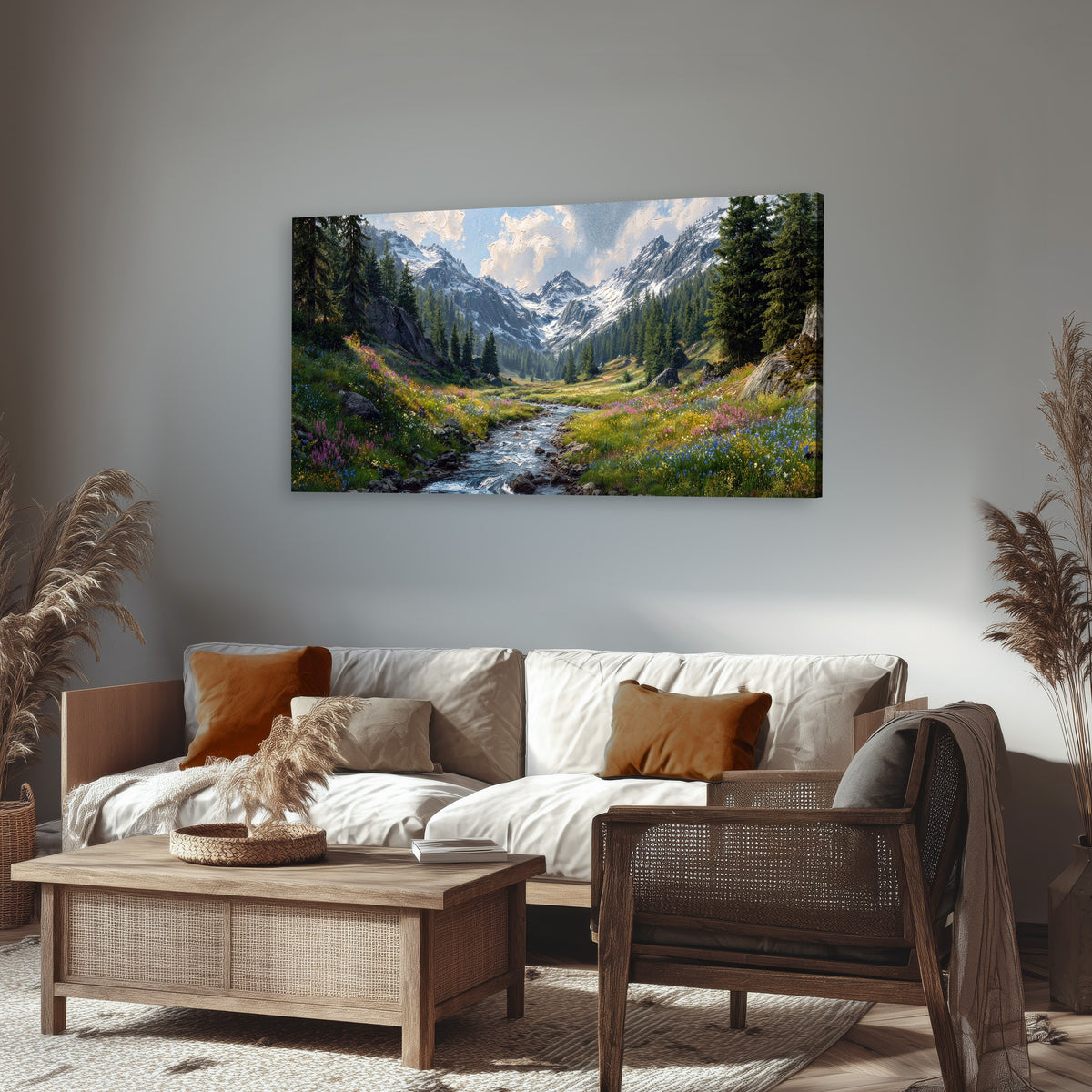 Alpine Wildflower Valley canvas wall art, single panoramic piece hanging in a rustic living room