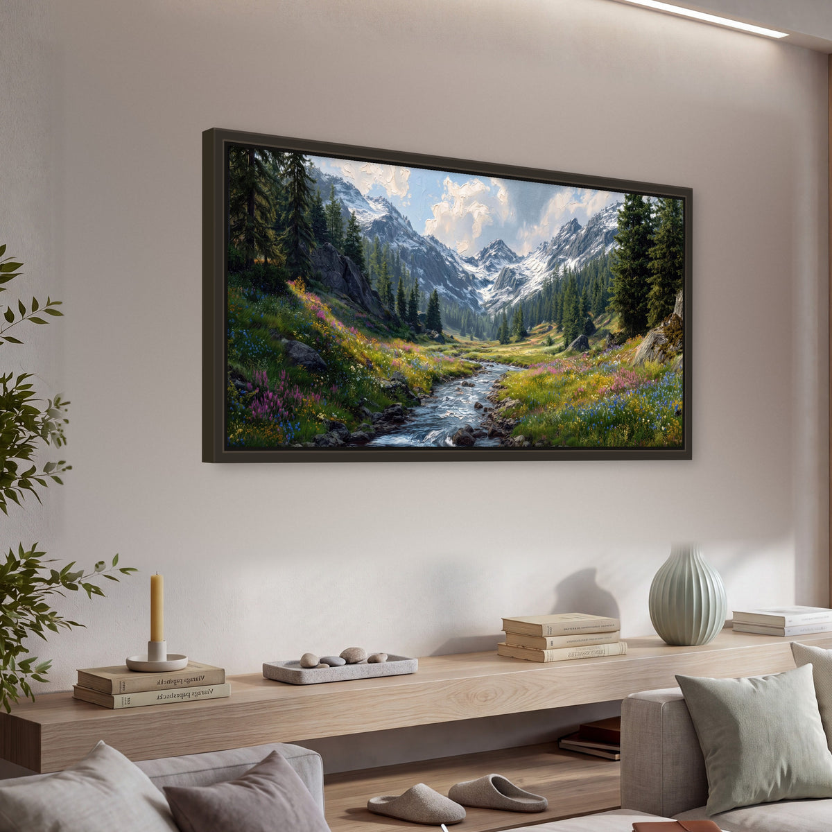 Alpine Wildflower Valley framed canvas wall art, single panoramic piece hanging in a living room with a long console