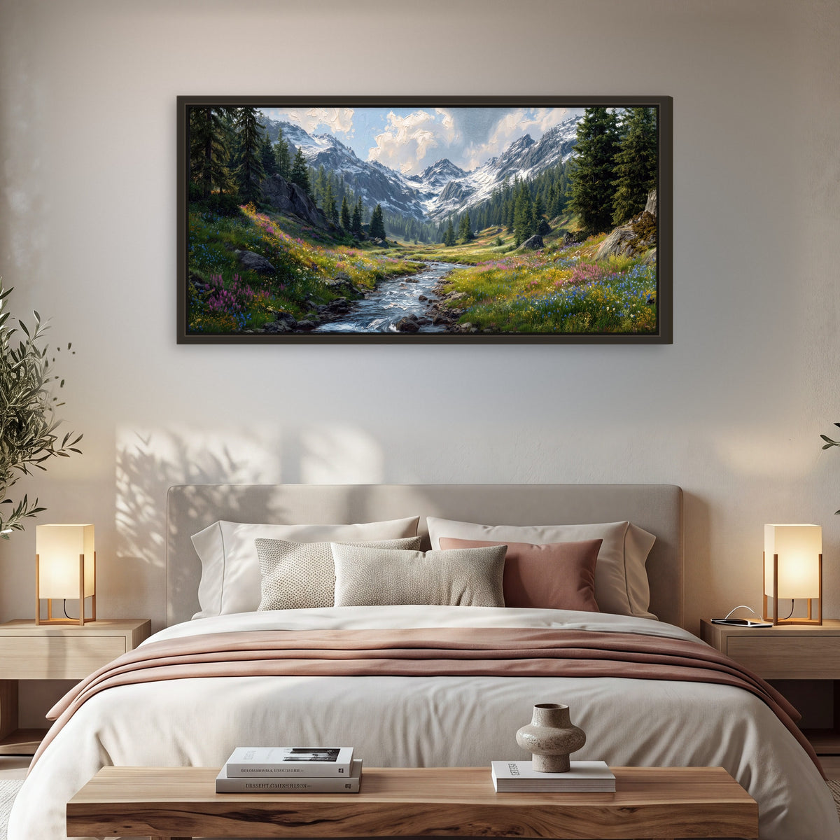 Alpine Wildflower Valley framed canvas wall art, single panoramic piece hanging in a cozy bedroom