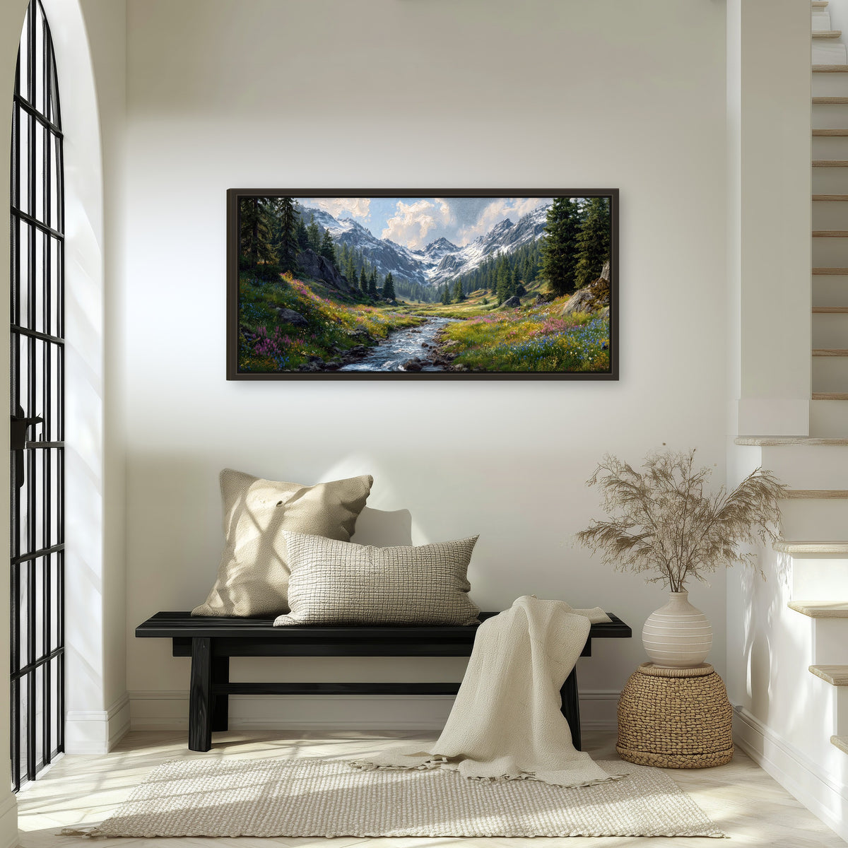 Alpine wildflower valley framed canvas wall art in an entryway above a bench