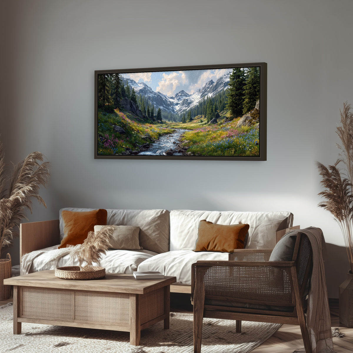 Alpine Wildflower Valley framed canvas wall art, single panoramic piece hanging in a rustic living room