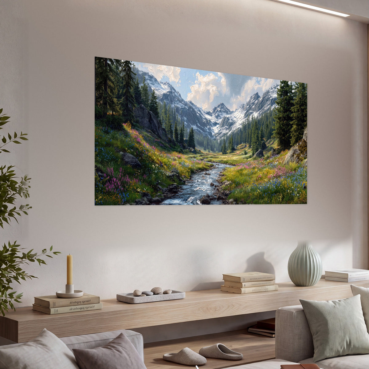 Alpine Wildflower Valley poster print, single panoramic piece hanging in a living room with a long console