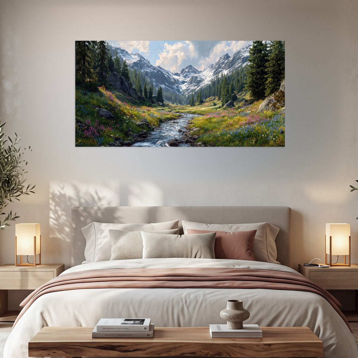 Alpine Wildflower Valley poster print, single panoramic piece hanging in a cozy bedroom