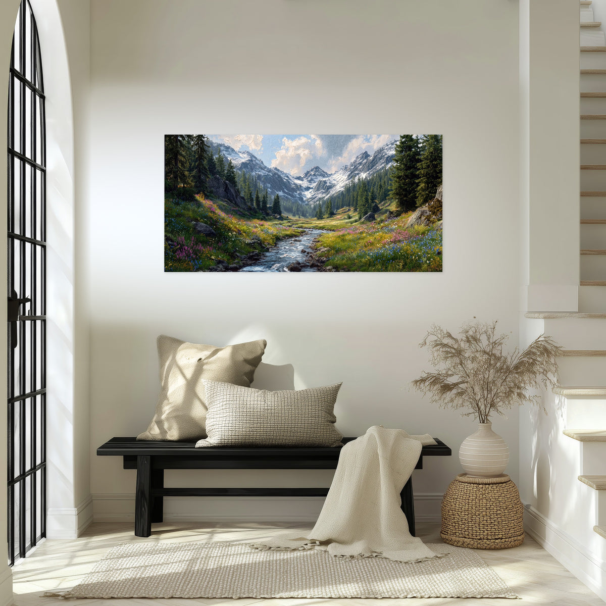 Alpine wildflower valley poster print in an entryway above a bench