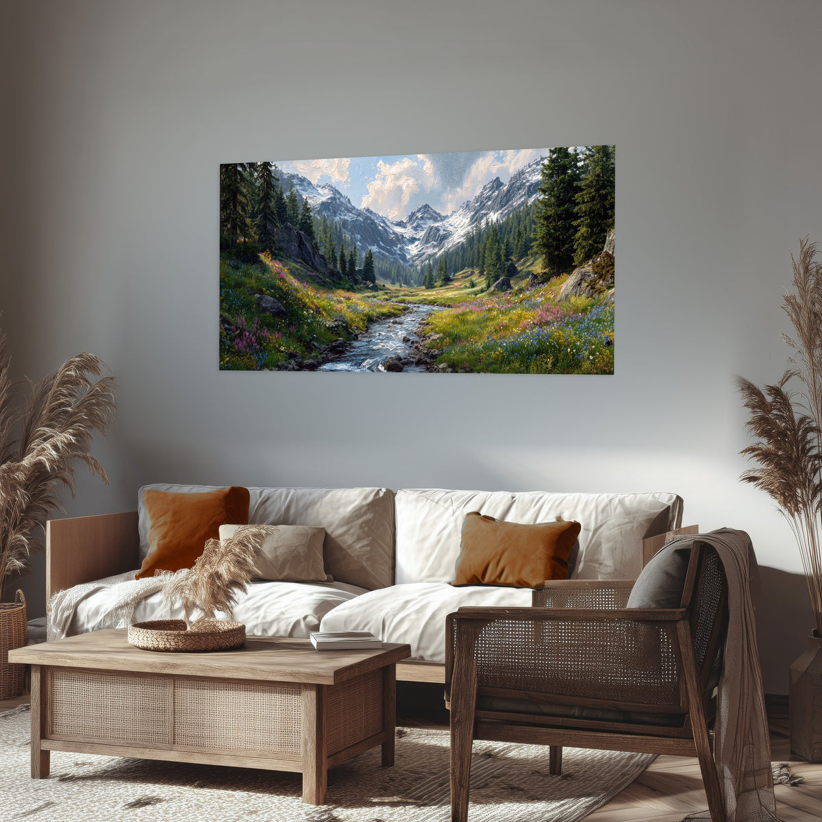 Alpine Wildflower Valley poster print, single panoramic piece hanging in a rustic living room