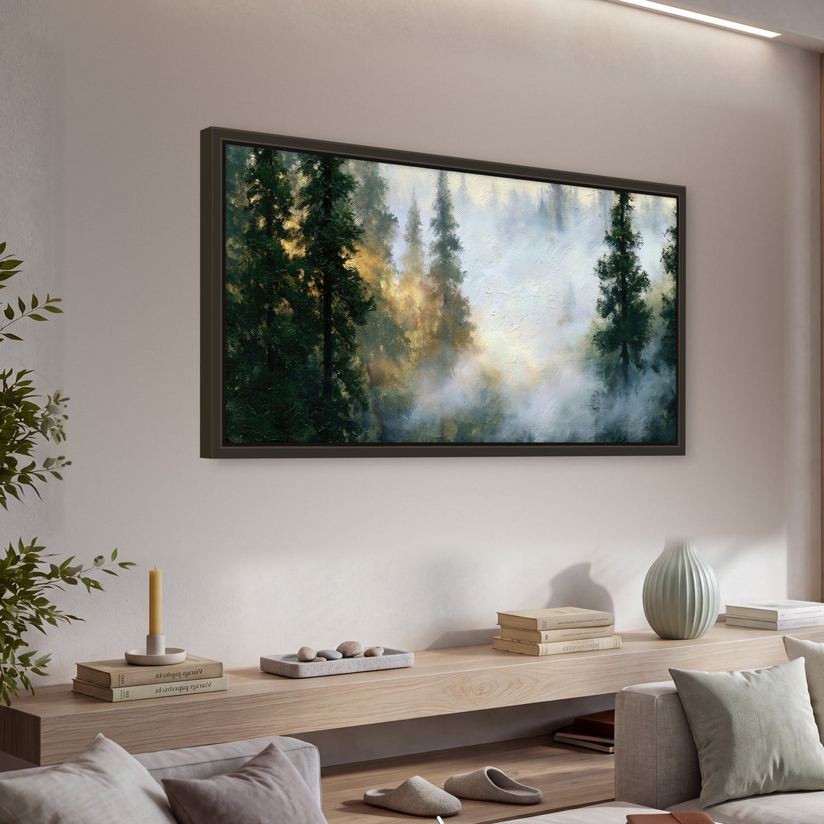 Foggy evergreen forest painting framed canvas wall art in a living room above a console