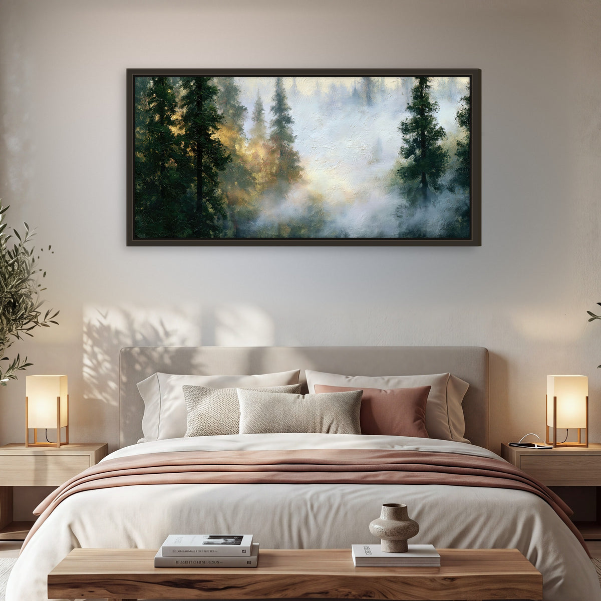 Foggy evergreen forest painting framed canvas wall art in a bedroom above the bed