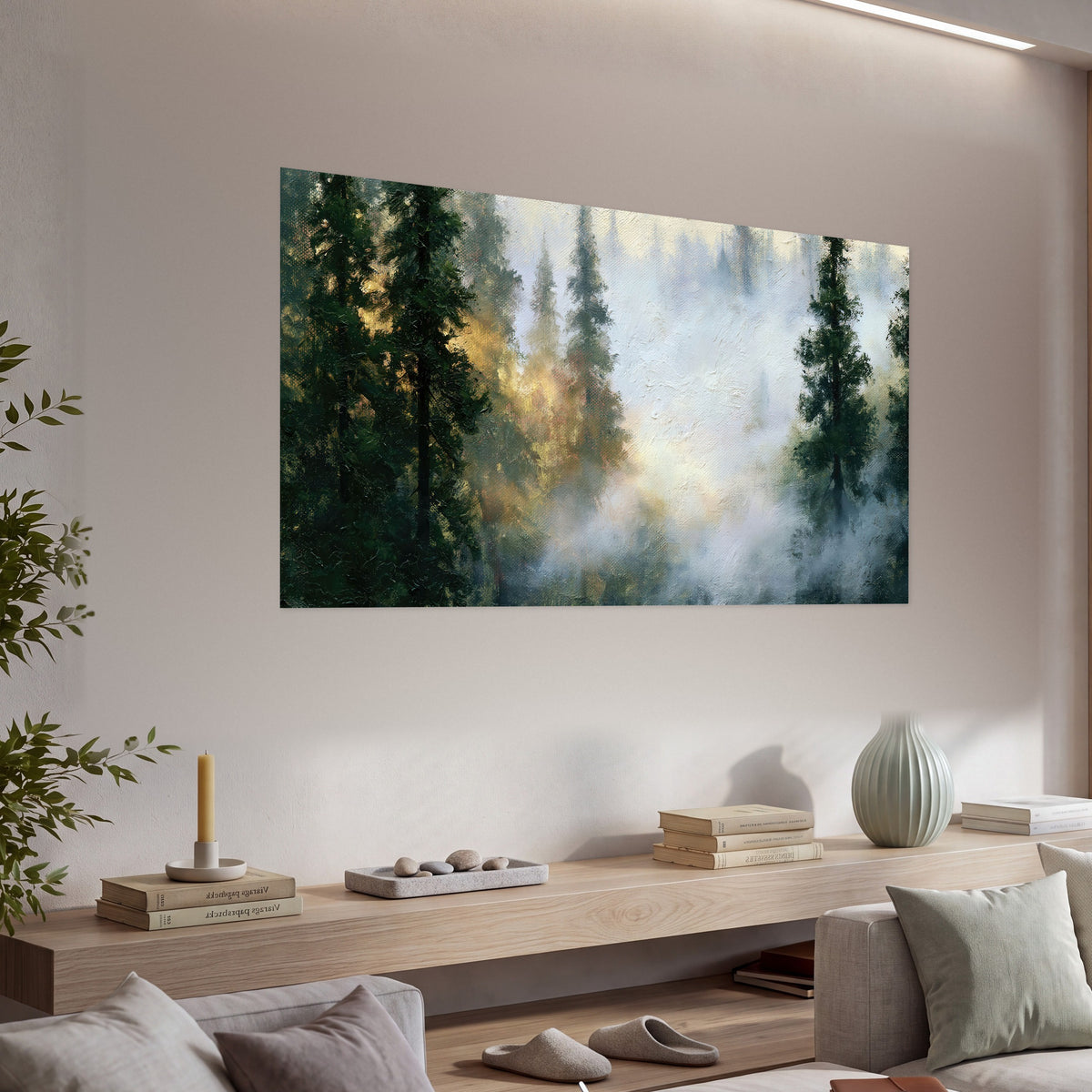 Foggy evergreen forest painting poster print in a living room above a console