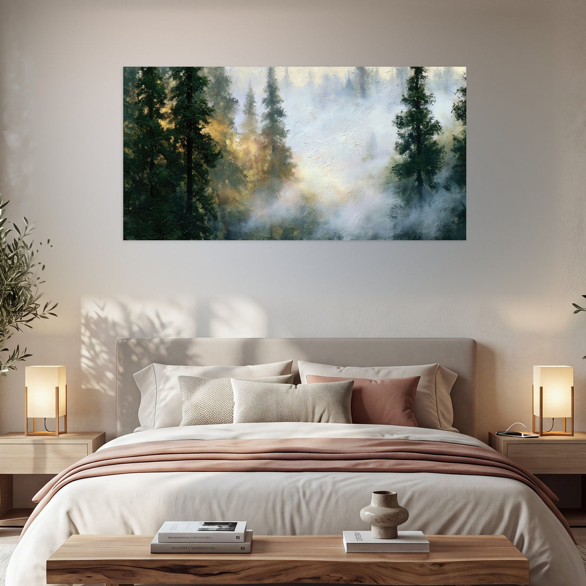 Foggy evergreen forest painting poster print in a bedroom above the bed