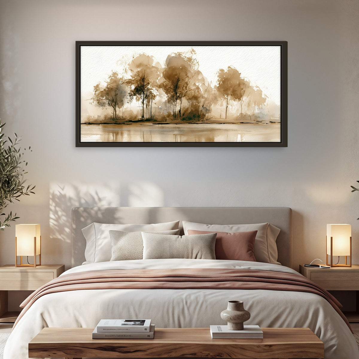 Sepia watercolor lakeside trees painting framed canvas wall art in a bedroom above the bed