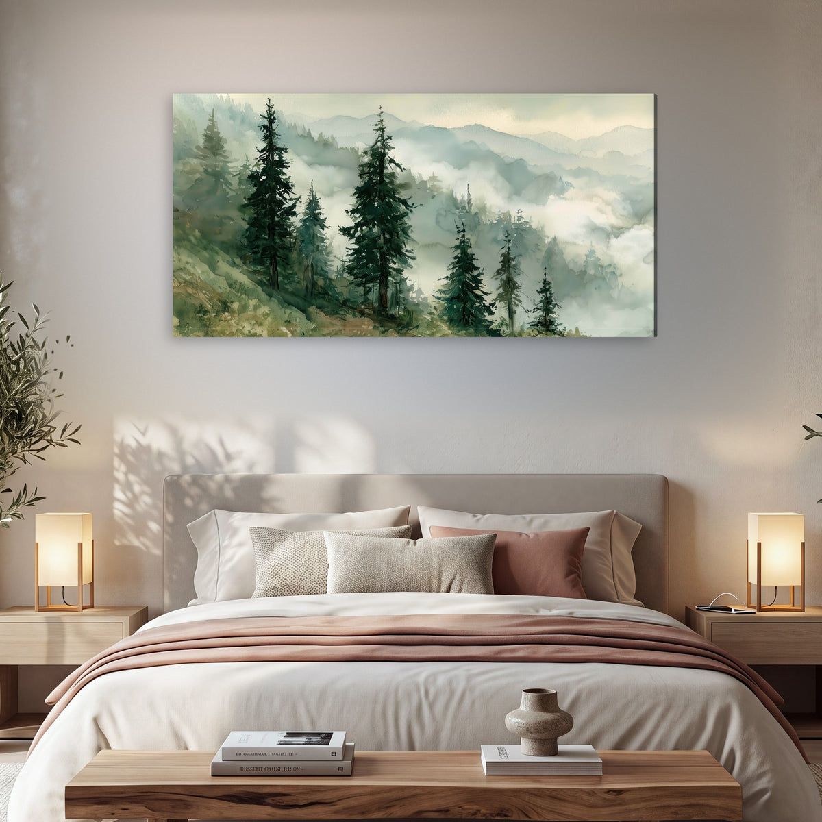 Misty mountain pines watercolor canvas wall art in a bedroom above the bed