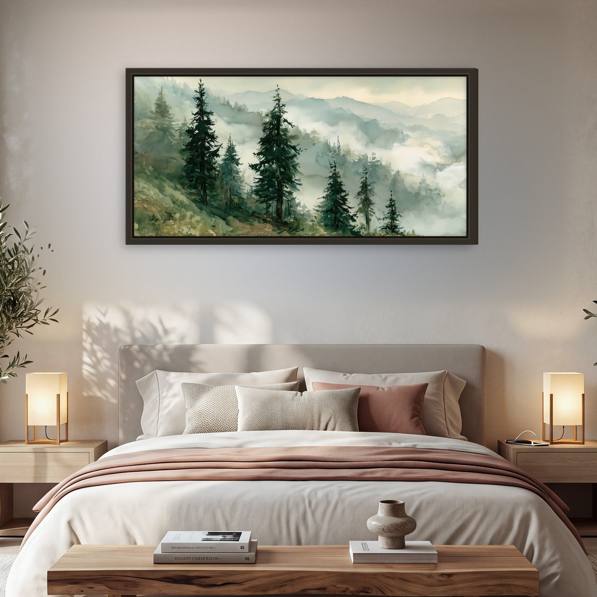 Misty mountain pines watercolor framed canvas wall art in a bedroom above the bed
