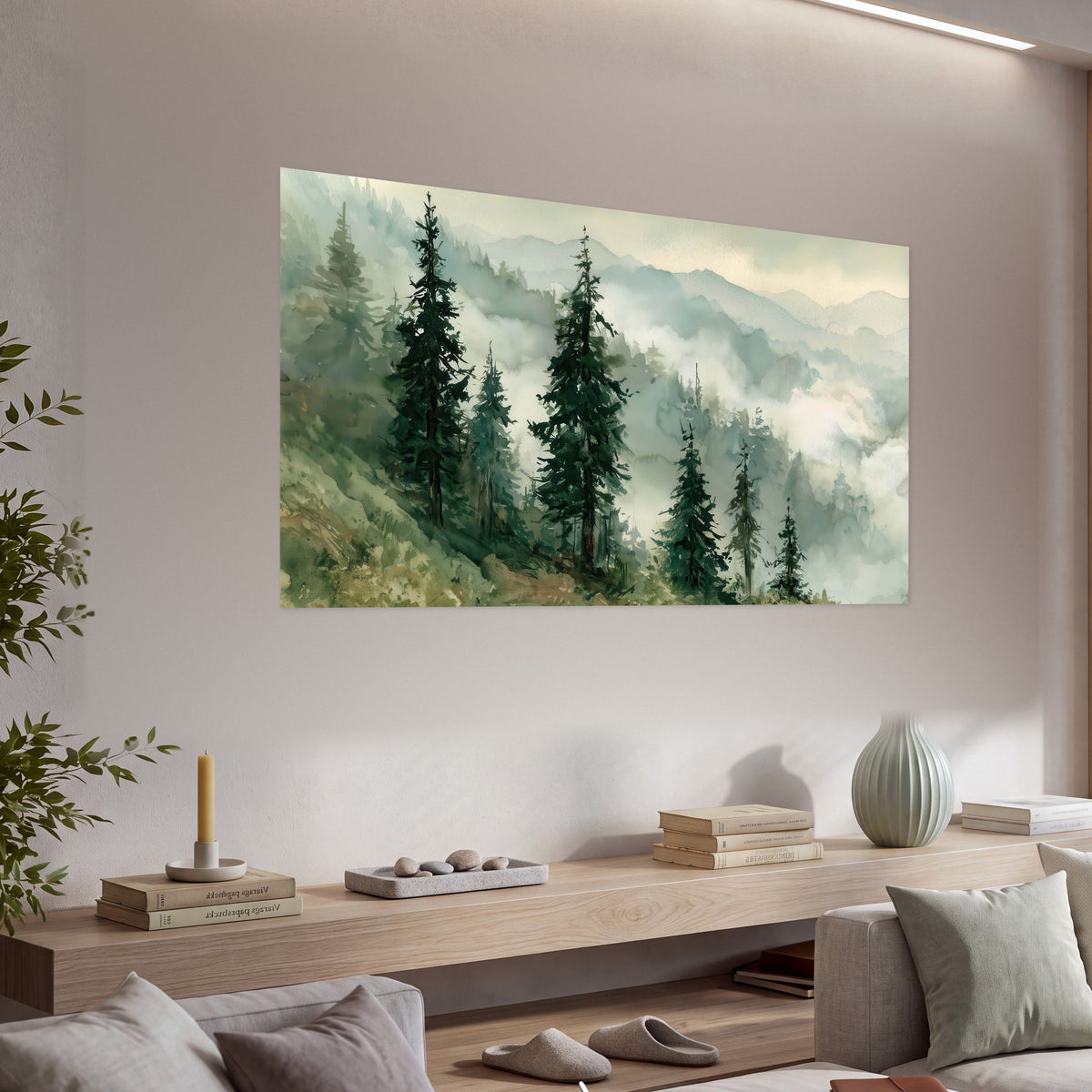 Misty mountain pines watercolor poster print in a living room above a console