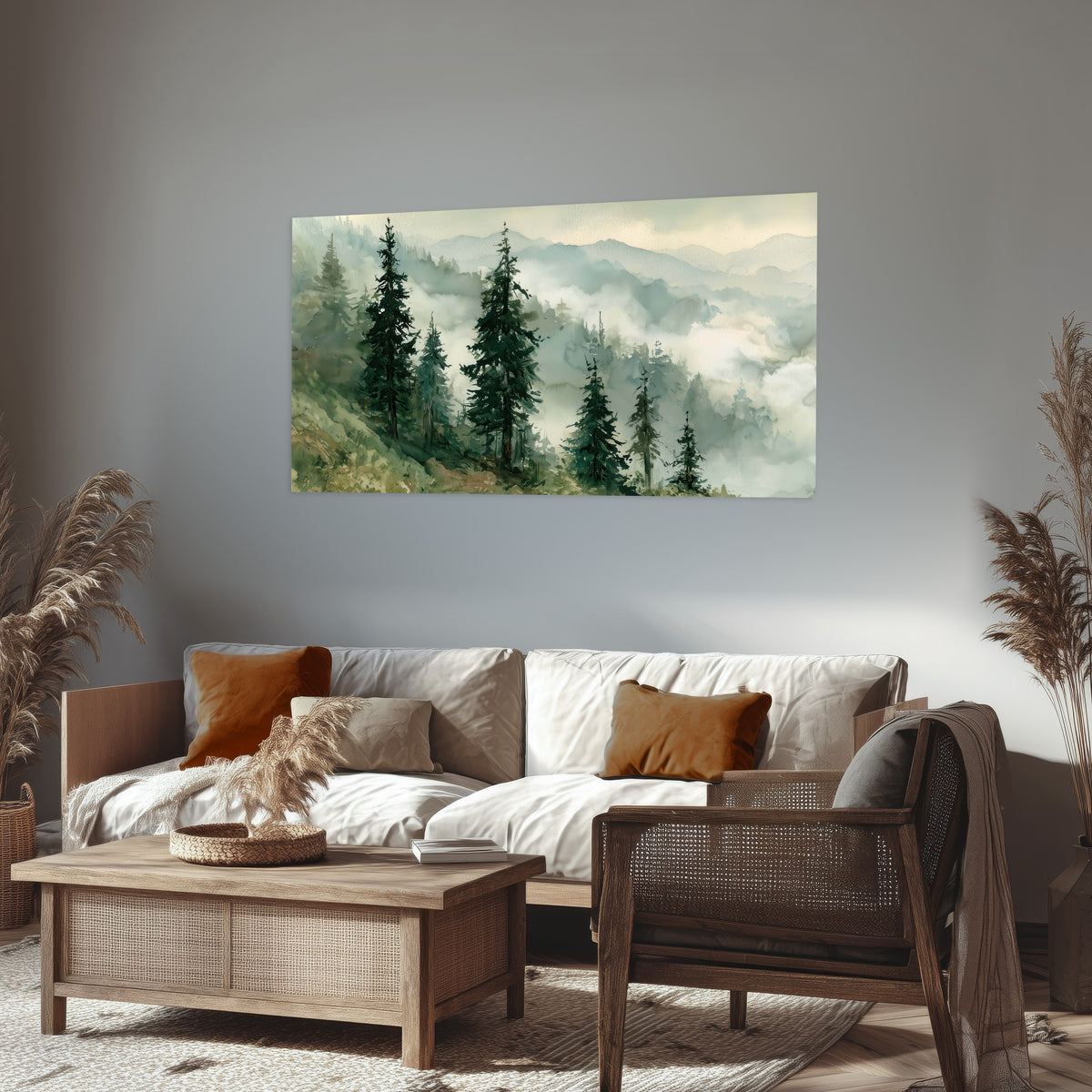 Misty mountain pines watercolor poster print in a rustic living room