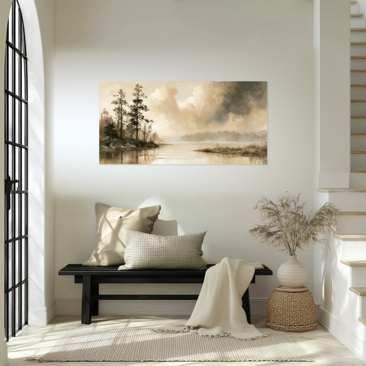 Vintage sepia pine lake painting poster print in an entryway above a bench