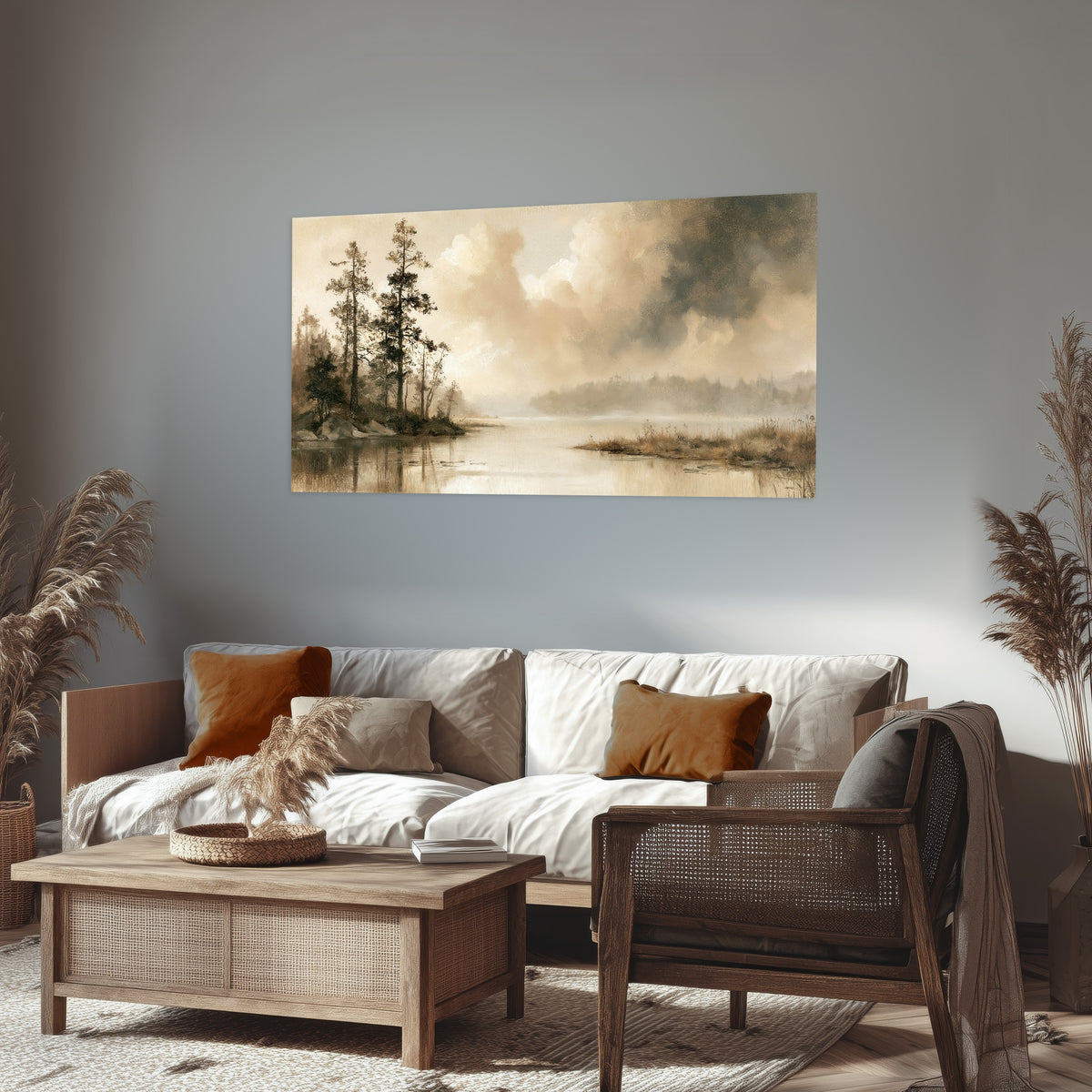 Vintage sepia pine lake painting poster print in a rustic living room