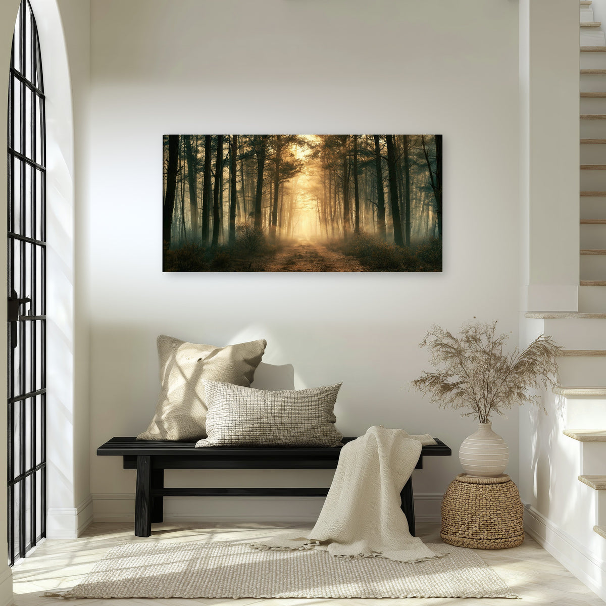 Golden forest path painting canvas wall art in an entryway above a bench