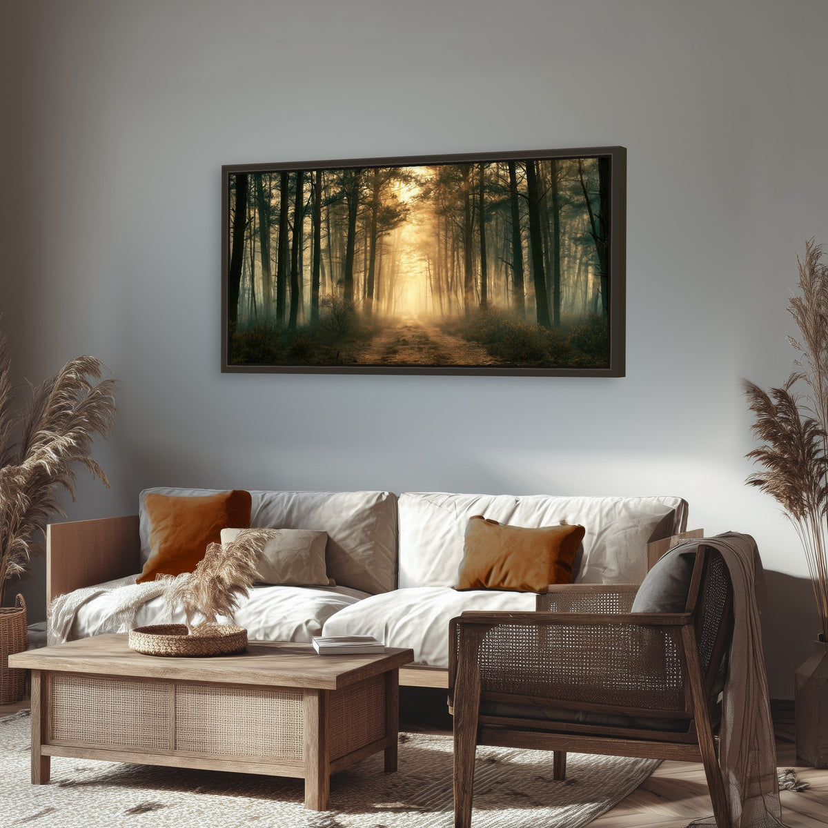 Golden forest path painting framed canvas wall art in a rustic living room