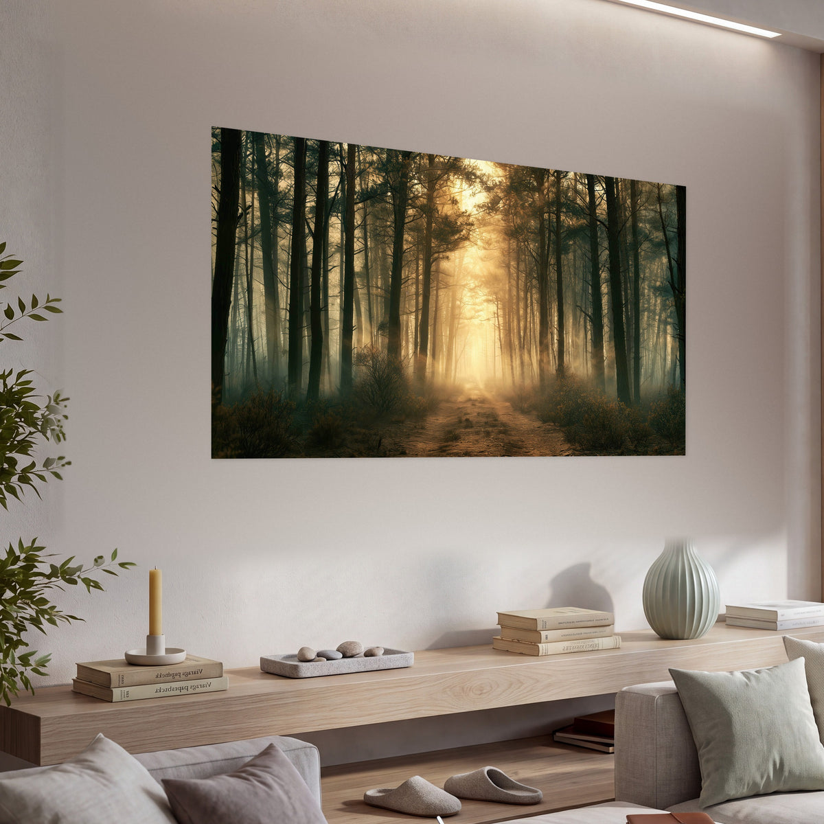 Golden forest path painting poster print in a living room above a console