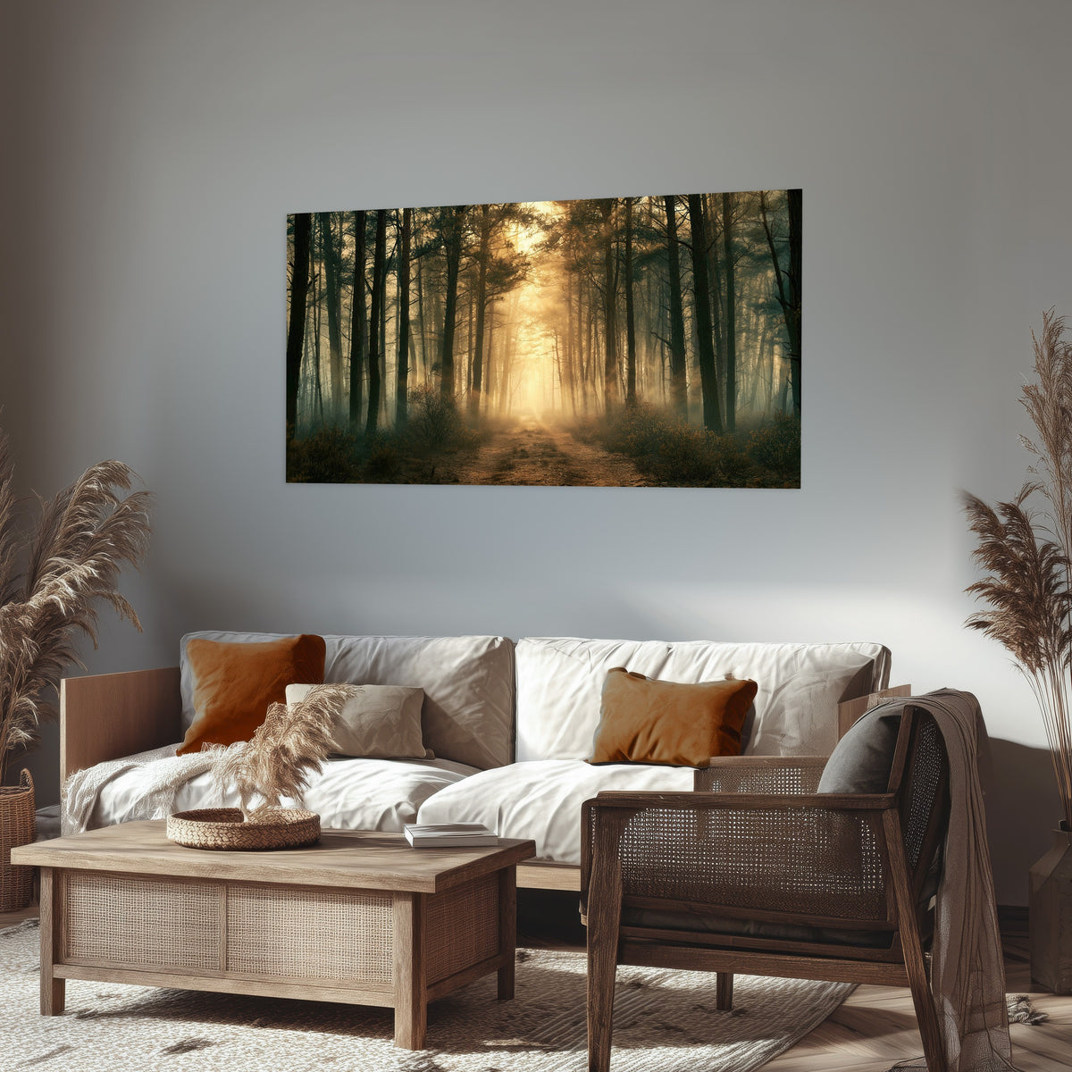 Golden forest path painting poster print in a rustic living room